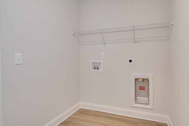 washroom featuring electric dryer hookup, light hardwood / wood-style floors, and washer hookup