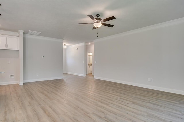 unfurnished living room featuring crown molding, light hardwood / wood-style flooring, and ceiling fan