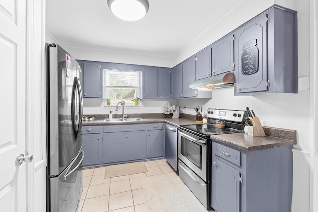 3973 Concord Pl, Martinez, GA 30907 - kitchen with stainless steel appliances, under cabinet range hood, dark countertops, gray cabinets, and light tile patterned floors