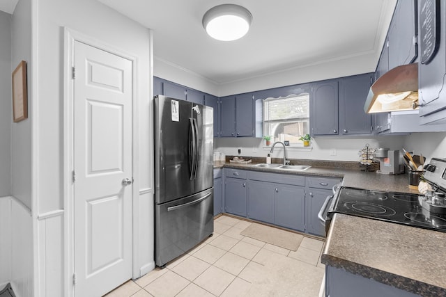 3973 Concord Pl, Martinez, GA 30907 - kitchen with appliances with stainless steel finishes, custom exhaust hood, dark countertops, light tile patterned floors, and blue cabinets