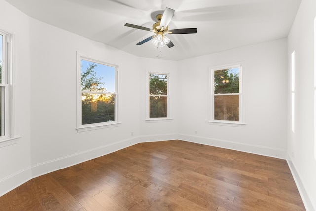 unfurnished room featuring wood-type flooring, ceiling fan, and a healthy amount of sunlight