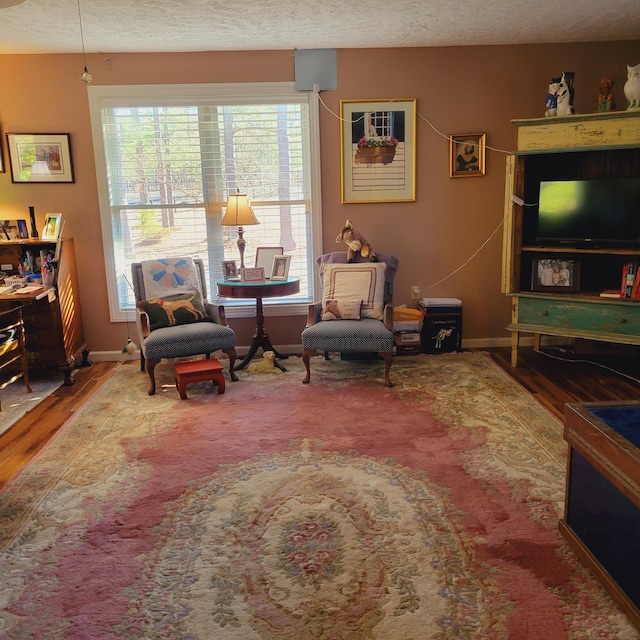 living area featuring baseboards, a textured ceiling, and wood finished floors