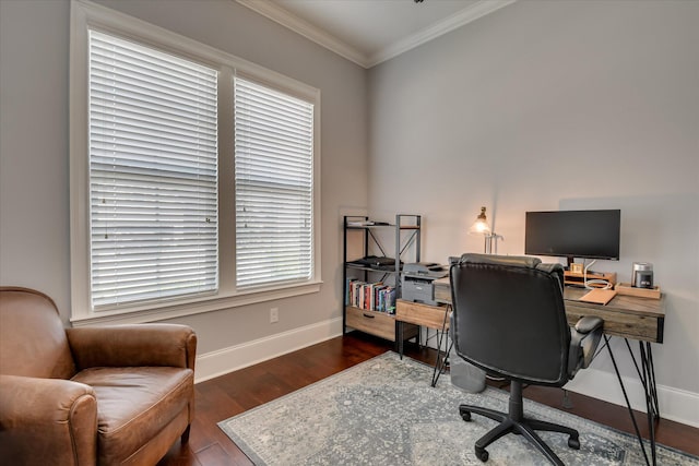 office area with crown molding, baseboards, and wood finished floors