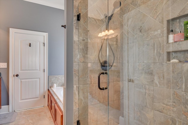 bathroom with a stall shower and crown molding
