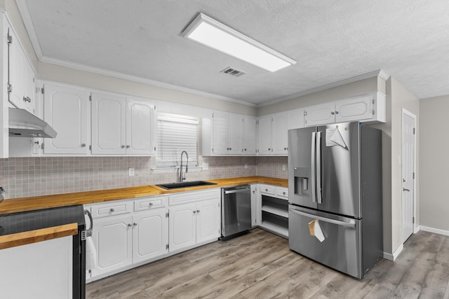 kitchen featuring butcher block countertops, white cabinetry, sink, and stainless steel appliances