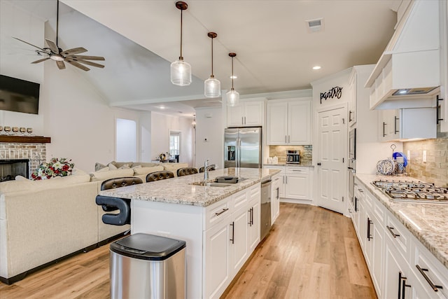 670 Callaway Dr, Graniteville, SC 29829 - kitchen featuring appliances with stainless steel finishes, open floor plan, premium range hood, a sink, and a ceiling fan
