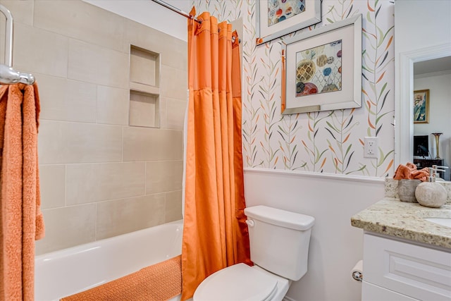 670 Callaway Dr, Graniteville, SC 29829 - bathroom with vanity, shower / bath combination with curtain, toilet, and wallpapered walls