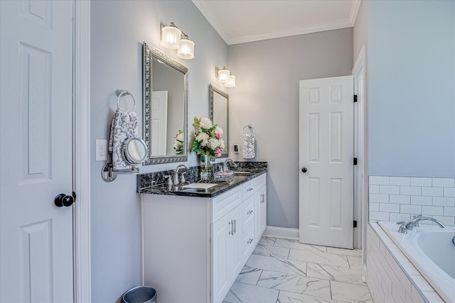 670 Callaway Dr, Graniteville, SC 29829 - full bathroom featuring double vanity, a garden tub, marble look tiles, and crown molding