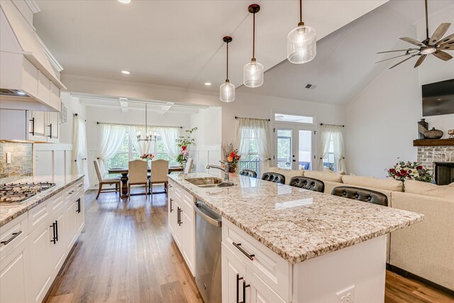 670 Callaway Dr, Graniteville, SC 29829 - kitchen featuring stainless steel appliances, a sink, open floor plan, custom exhaust hood, and a ceiling fan