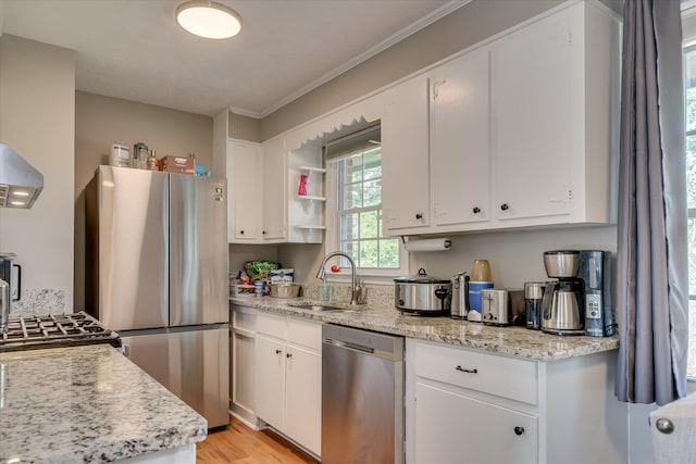 2013 Lamar Rd, Augusta, GA 30904 - kitchen featuring appliances with stainless steel finishes, a sink, white cabinets, and ornamental molding