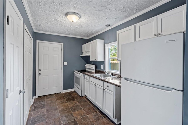 kitchen with white cabinets, pendant lighting, white appliances, and sink