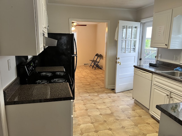 kitchen featuring black range with electric stovetop, ornamental molding, sink, dishwasher, and white cabinetry