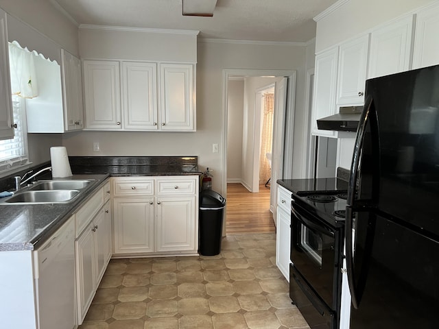 kitchen featuring black appliances, sink, ornamental molding, range hood, and white cabinetry