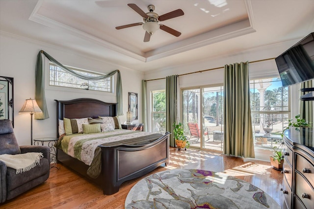 bedroom featuring access to exterior, a raised ceiling, light wood-style flooring, ornamental molding, and ceiling fan