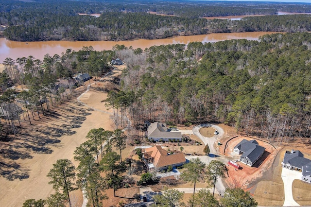 aerial view featuring a water view and a wooded view