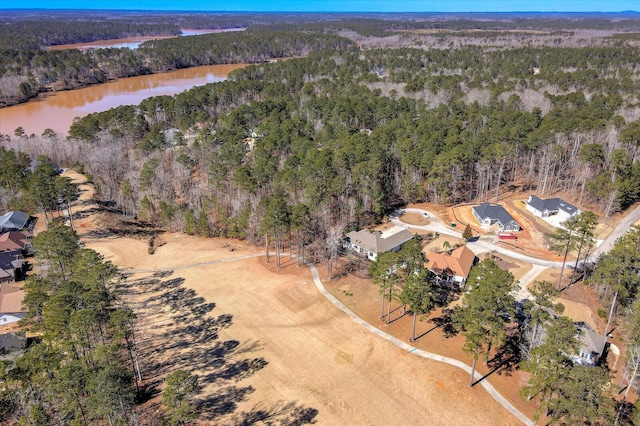 bird's eye view with a water view and a view of trees