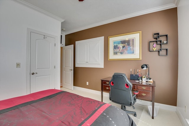 bedroom featuring ornamental molding and baseboards