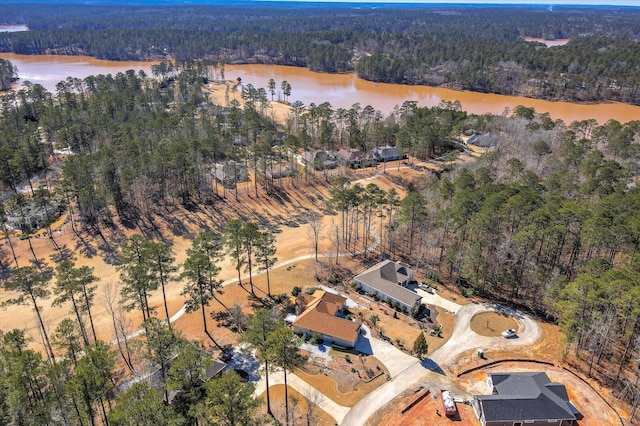 bird's eye view with a water view and a view of trees