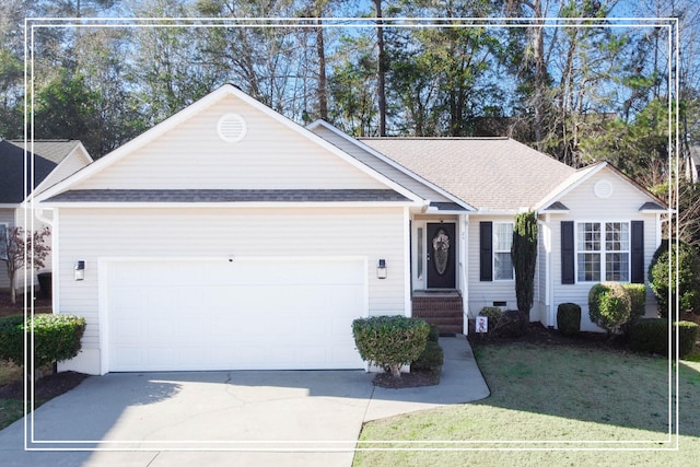 ranch-style home featuring a garage and a front lawn