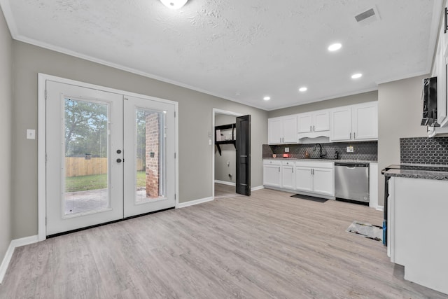 3808 Southfield Dr, Augusta, GA 30906 - kitchen with dishwasher, french doors, ornamental molding, white cabinetry, and tasteful backsplash