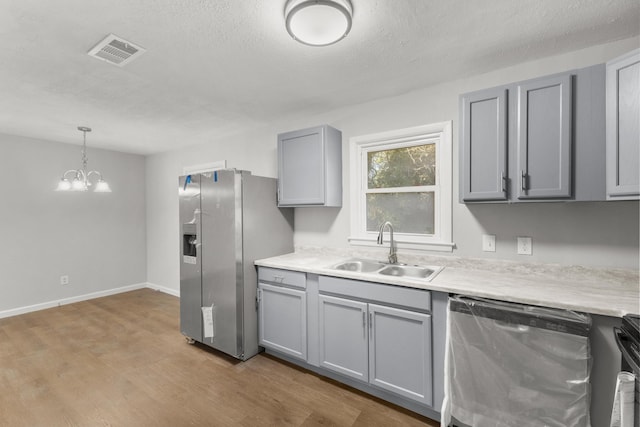 kitchen with gray cabinets, light countertops, visible vents, appliances with stainless steel finishes, and a sink