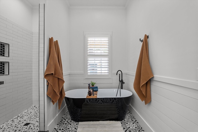 1423 Knob Hill Cir, Evans, GA 30809 - full bath featuring a freestanding tub, a wainscoted wall, tiled shower, and ornamental molding