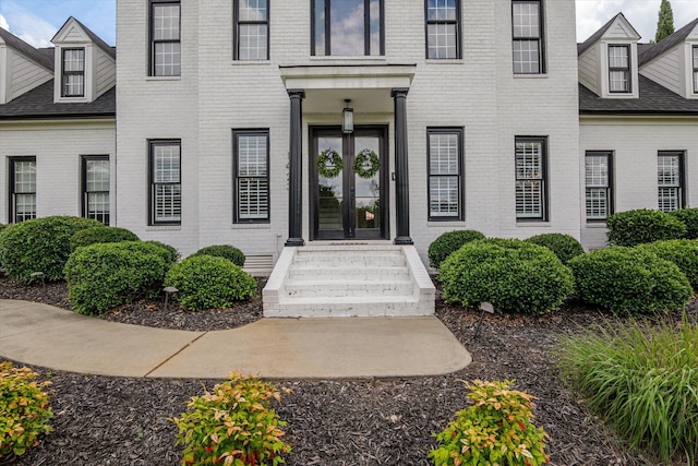 1423 Knob Hill Cir, Evans, GA 30809 - doorway to property with brick siding, french doors, and roof with shingles