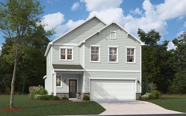 view of front of house with driveway, stone siding, a garage, and a front yard