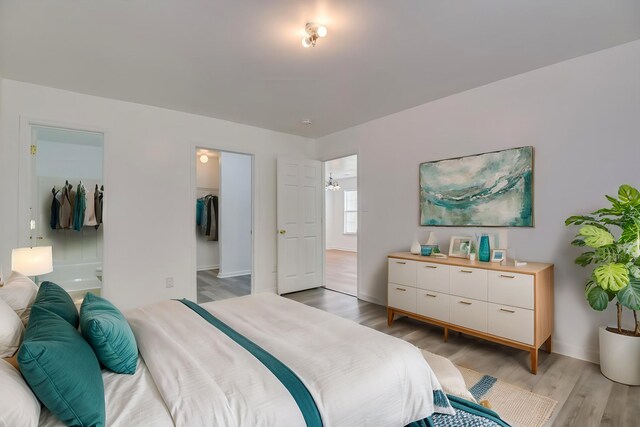 bedroom with connected bathroom, a spacious closet, a closet, and light hardwood / wood-style flooring