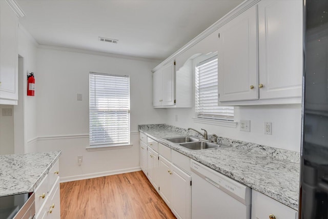 kitchen with white cabinetry, dishwasher, sink, crown molding, and light wood-type flooring