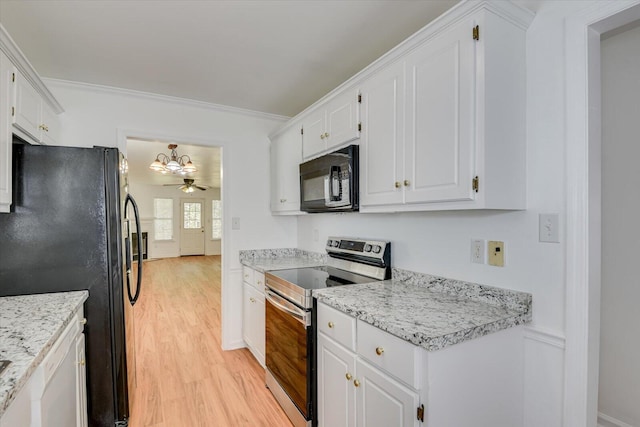 kitchen featuring white cabinets, light stone counters, ceiling fan, and black appliances