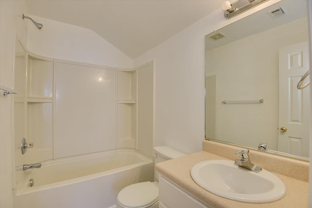 full bathroom with vanity, toilet, tub / shower combination, and vaulted ceiling