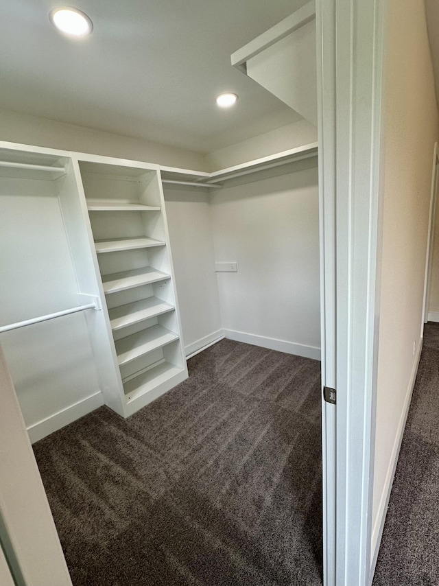 spacious closet featuring dark carpet