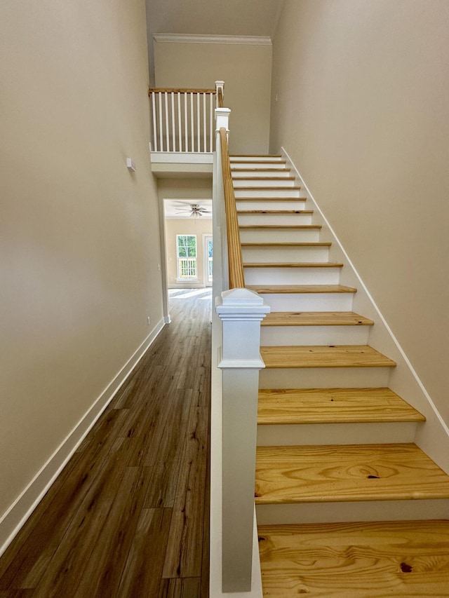 staircase featuring baseboards, ornamental molding, a ceiling fan, and wood finished floors