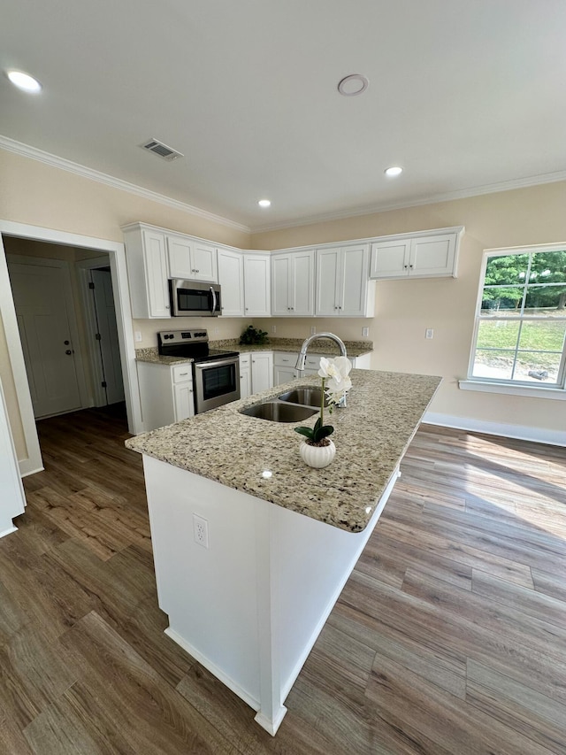 kitchen with visible vents, appliances with stainless steel finishes, a sink, white cabinets, and ornamental molding