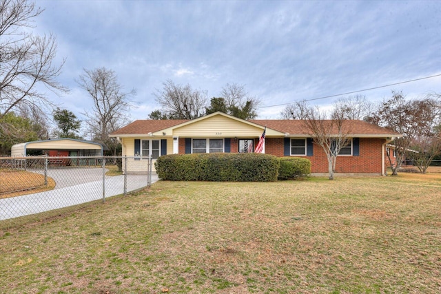 ranch-style house featuring a carport and a front yard