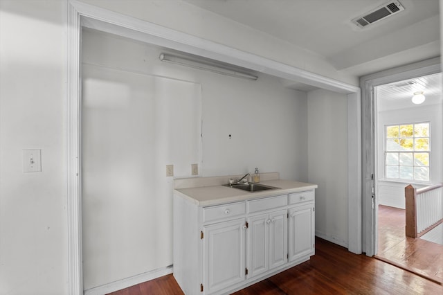 223 E Robert Toombs Ave, Washington, GA 30673 - kitchen featuring a sink, dark wood finished floors, white cabinetry, and light countertops