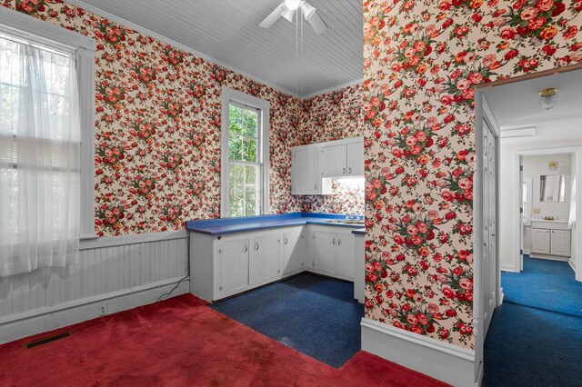 223 E Robert Toombs Ave, Washington, GA 30673 - unfurnished office with wallpapered walls, dark carpet, a ceiling fan, a sink, and ornamental molding