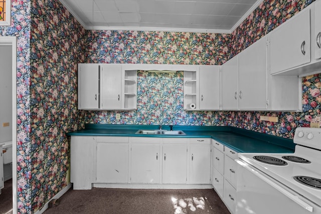 223 E Robert Toombs Ave, Washington, GA 30673 - kitchen with electric stove, a sink, wallpapered walls, open shelves, and white cabinets
