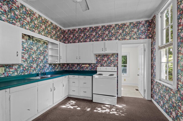 223 E Robert Toombs Ave, Washington, GA 30673 - kitchen featuring electric stove, wallpapered walls, a sink, healthy amount of natural light, and ornamental molding
