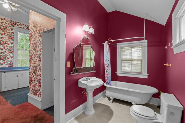 223 E Robert Toombs Ave, Washington, GA 30673 - full bath with a freestanding bath, toilet, lofted ceiling, baseboards, and curtained shower