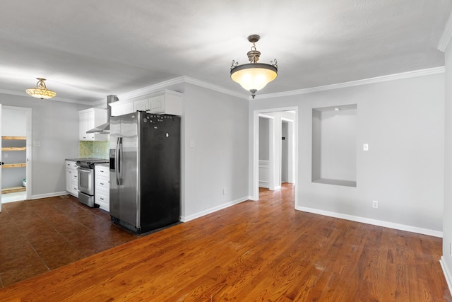 3413 Sutton Pl, Augusta, GA 30906 - kitchen with wall chimney exhaust hood, baseboards, white cabinetry, and appliances with stainless steel finishes