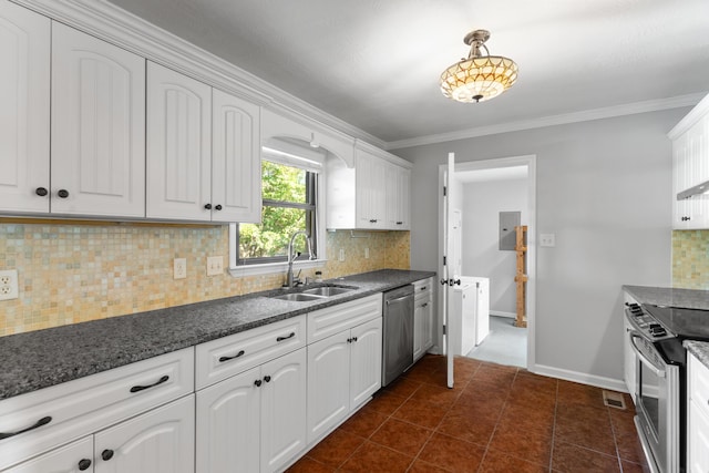 3413 Sutton Pl, Augusta, GA 30906 - kitchen featuring backsplash, ornamental molding, a sink, appliances with stainless steel finishes, and white cabinetry
