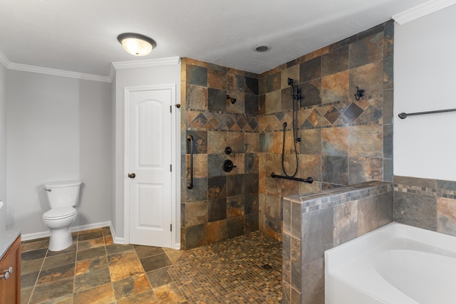 3413 Sutton Pl, Augusta, GA 30906 - full bathroom with a bath, stone tile flooring, toilet, a tile shower, and crown molding