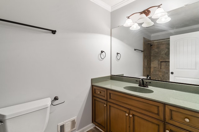 3413 Sutton Pl, Augusta, GA 30906 - bathroom featuring visible vents, toilet, vanity, ornamental molding, and a shower