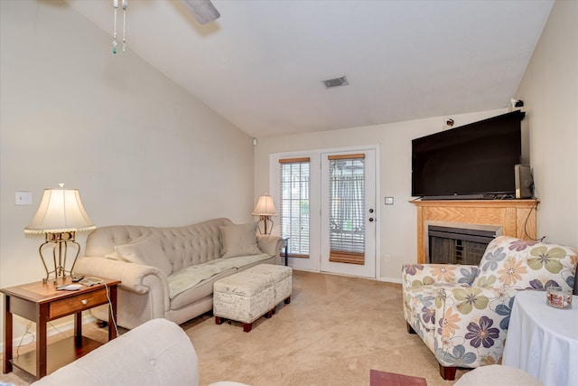 8030 Reagan Cir, Augusta, GA 30909 - living room featuring vaulted ceiling, carpet floors, a fireplace, and a ceiling fan
