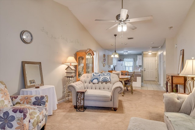 8030 Reagan Cir, Augusta, GA 30909 - living room featuring light colored carpet, ceiling fan, and vaulted ceiling