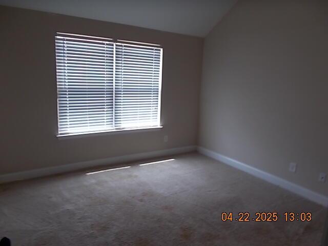 carpeted empty room featuring baseboards and lofted ceiling