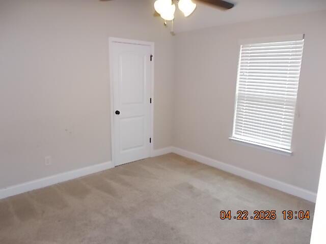 spare room with baseboards, ceiling fan, and carpet flooring