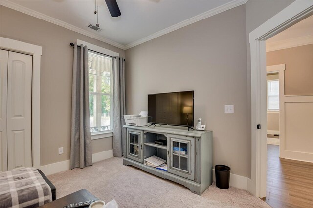 carpeted living room featuring ceiling fan and ornamental molding